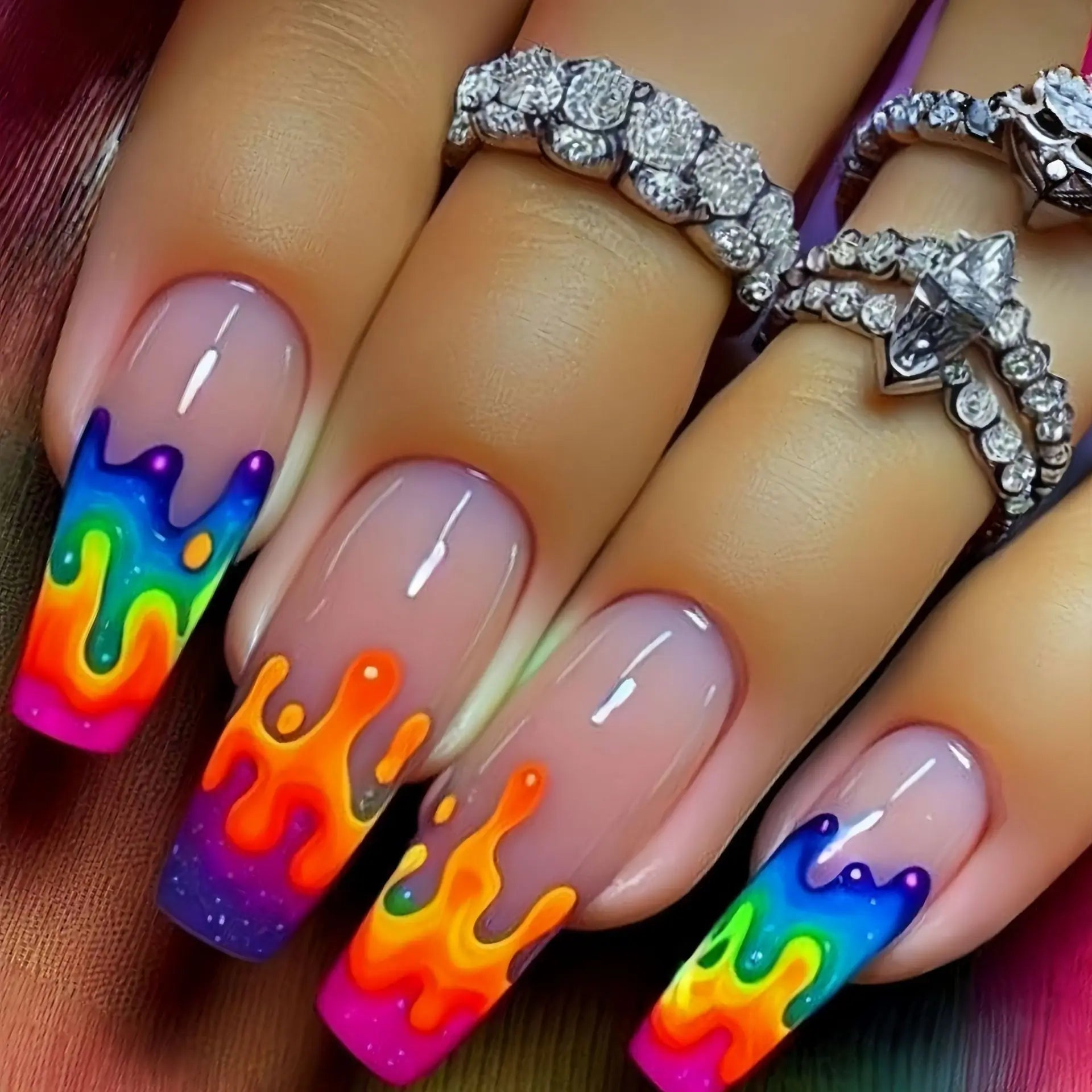 24pcs/set Medium long fake nails for women girls Y2K gradient purple blue yellow green square almond tips press on false nails