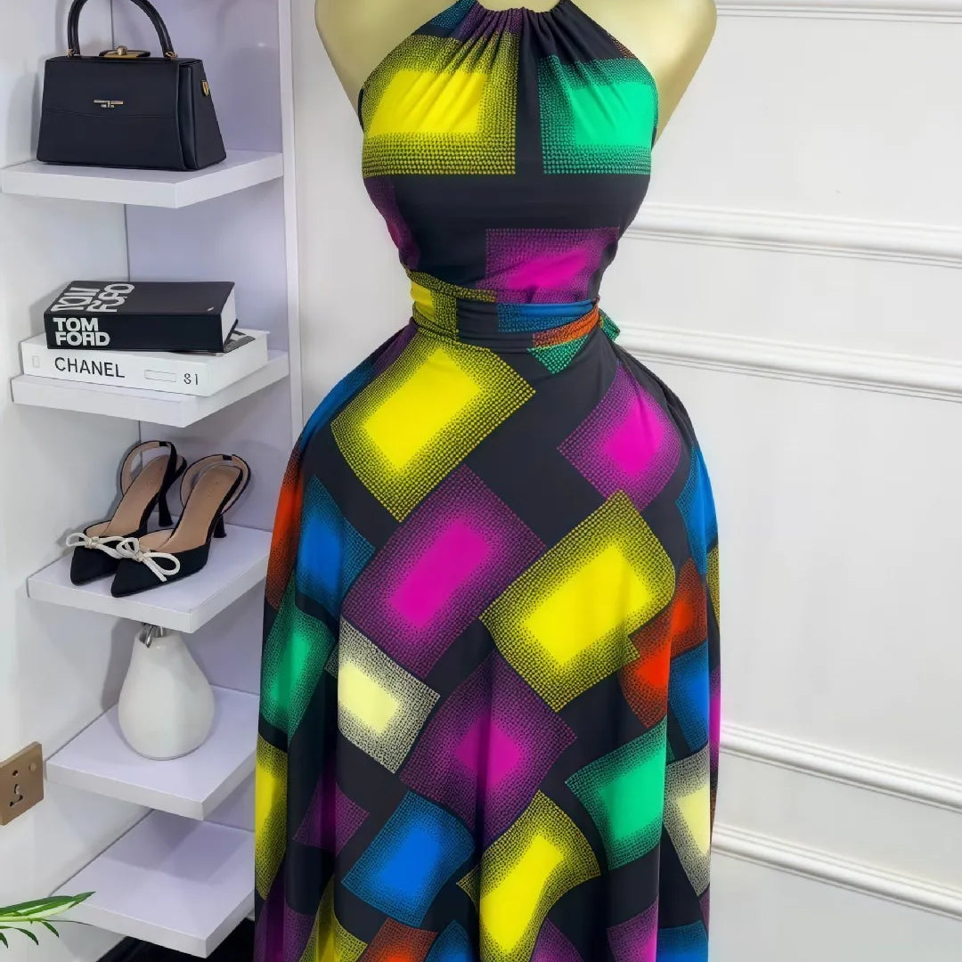 CM.YAYA Women Printed Halter Sleeveless Tank Maxi Long Dress 2025 Summer Beach Birthday Sexy Vacation Party Evening Dresses