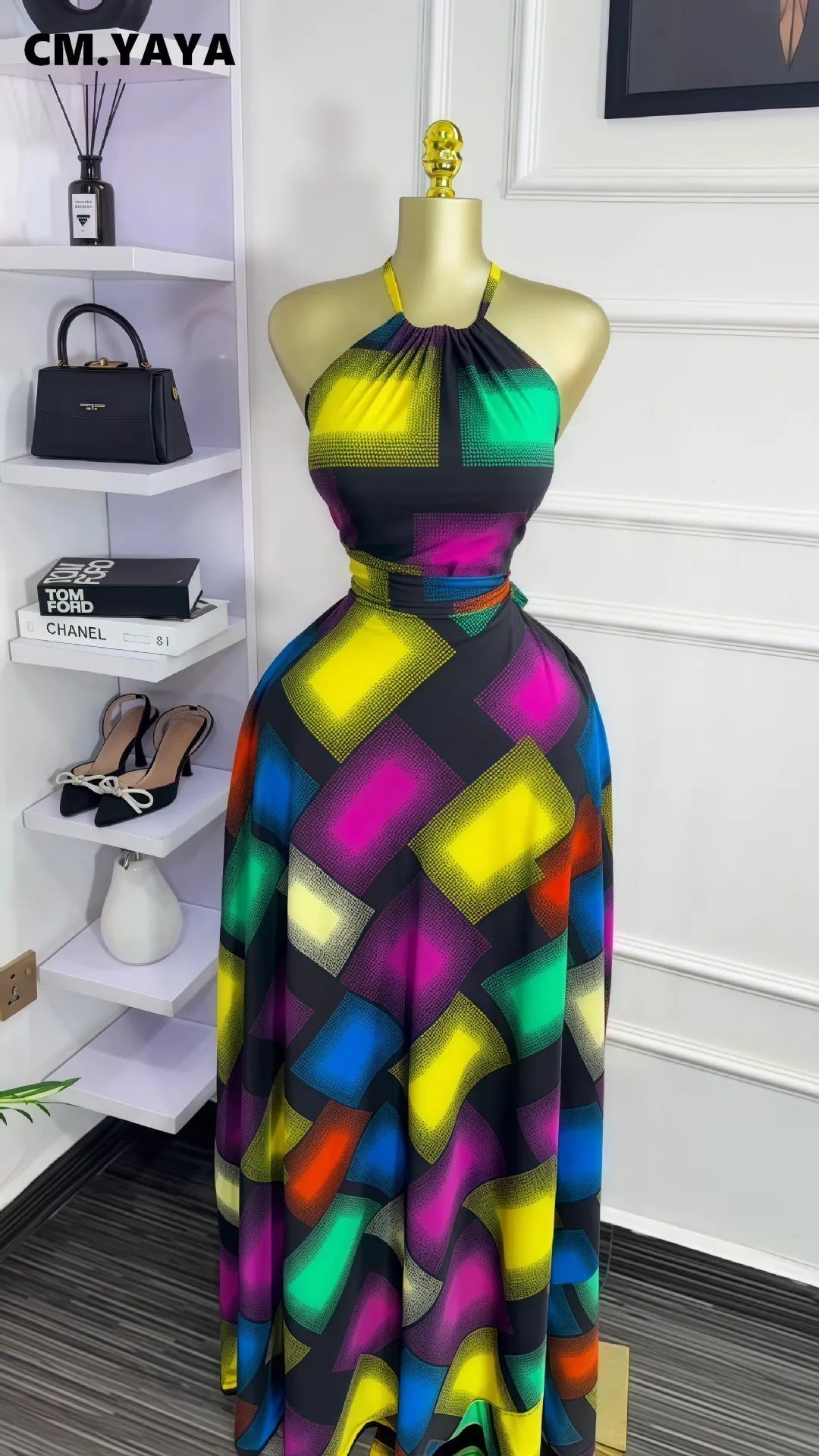 CM.YAYA Women Printed Halter Sleeveless Tank Maxi Long Dress 2025 Summer Beach Birthday Sexy Vacation Party Evening Dresses