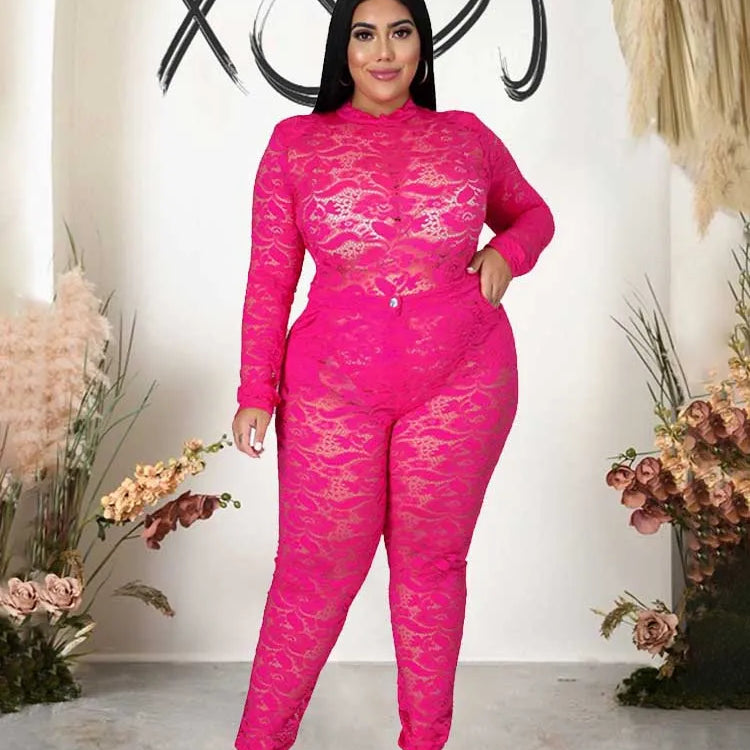 Chic and Elegant Woman Set Night Club Wear Plus Size Women Hot Outfit Transparent Lace Bodysuit and Pants Sexy Festival Outfit