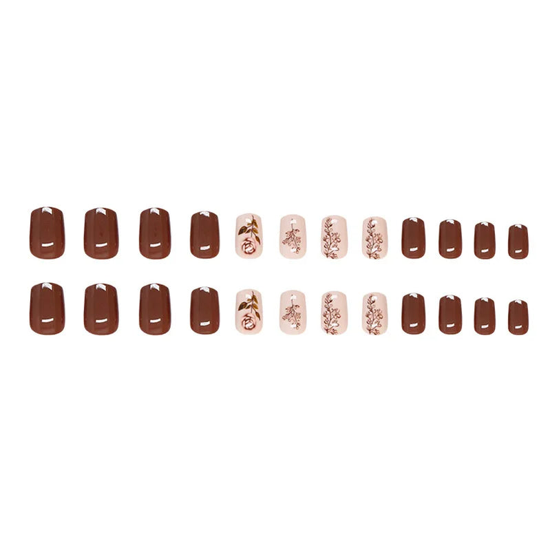 24pcs Simple Brown Rose Press on Nails Solid Color Lines Fake Nail Tips Women Wearable Cover Fashion Short Side False Nails