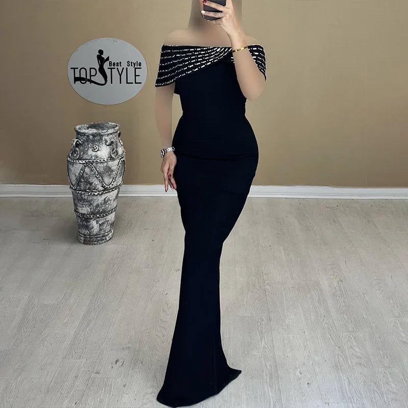Black Women Sexy Slash Meck Off the Shoulder Shinning Crystal Bodycon Long Bandage Dress Elegant Evening Party Dress