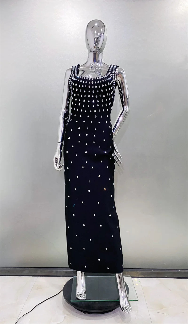 Top Quality Women Sleeveless Sexy O-Neck Shinning Crystal Bodycon Bandage Long Dress Evening Party Celebrate Cocktail Outfit