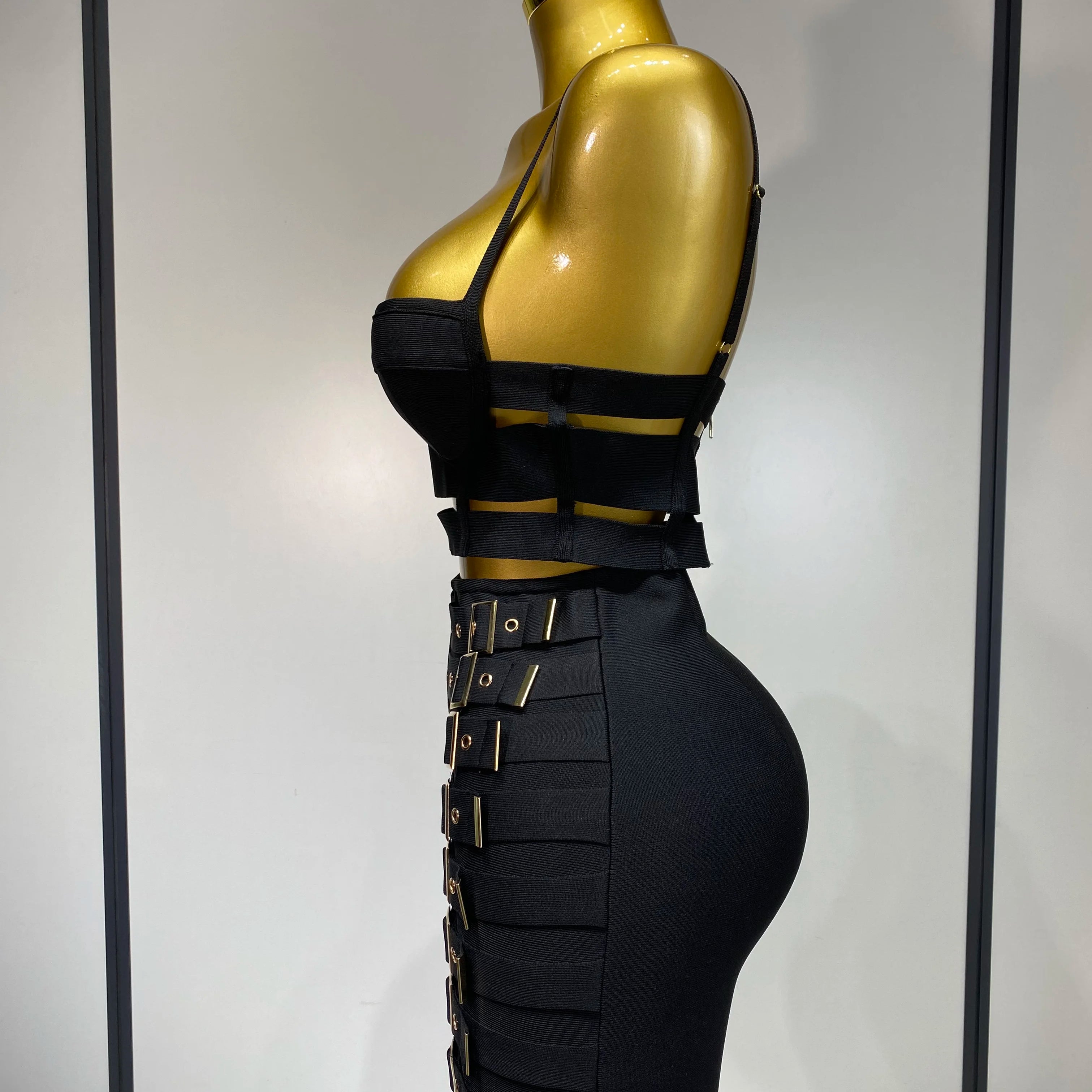 Women Sexy Black Cut Out Bodycon Bandage Skirt Two Piece Set 2025 Celebrity High Streeet Evening Birthday Club Party Outfits