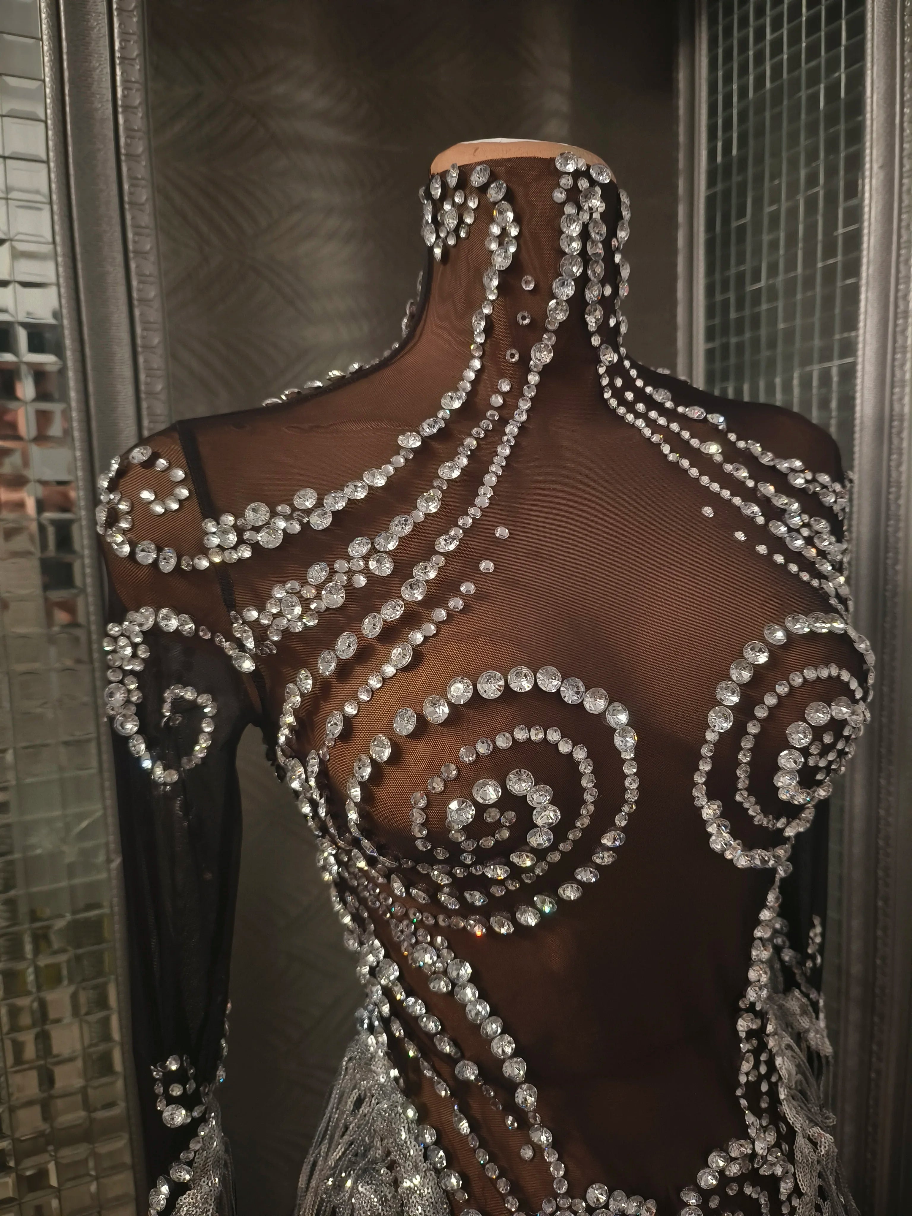 Women Sexy Mesh Silver Black Crystal Stretchy Night Club See Through Singer Dancer Tassel Stage Costume Mini Party Dress