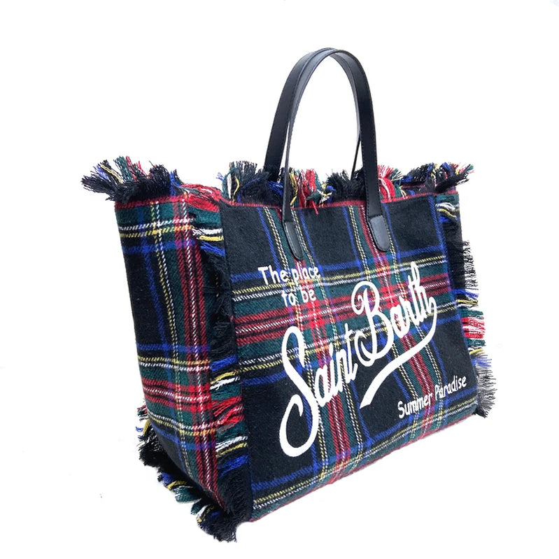 Tote Bags For Women 2024 New Luxury Handbags Embroidered Letter Spliced Triped Plaid Tassel Woolen Bag Fashion Large Bags