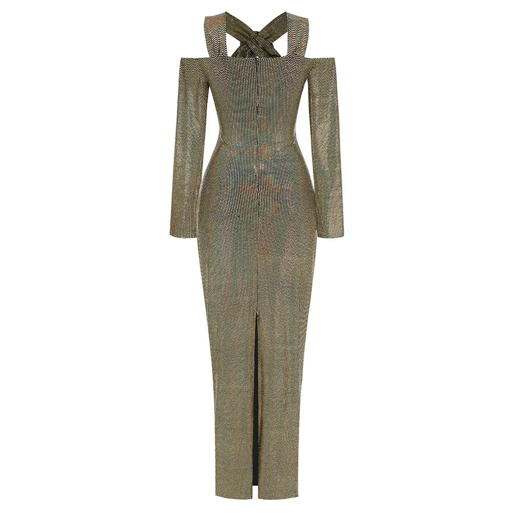 Rosered Color Women Long Sleeve Sexy Keyholes Shinning Sequins Bodycon Long Dress Evening Party Celebrate Cocktail Dress