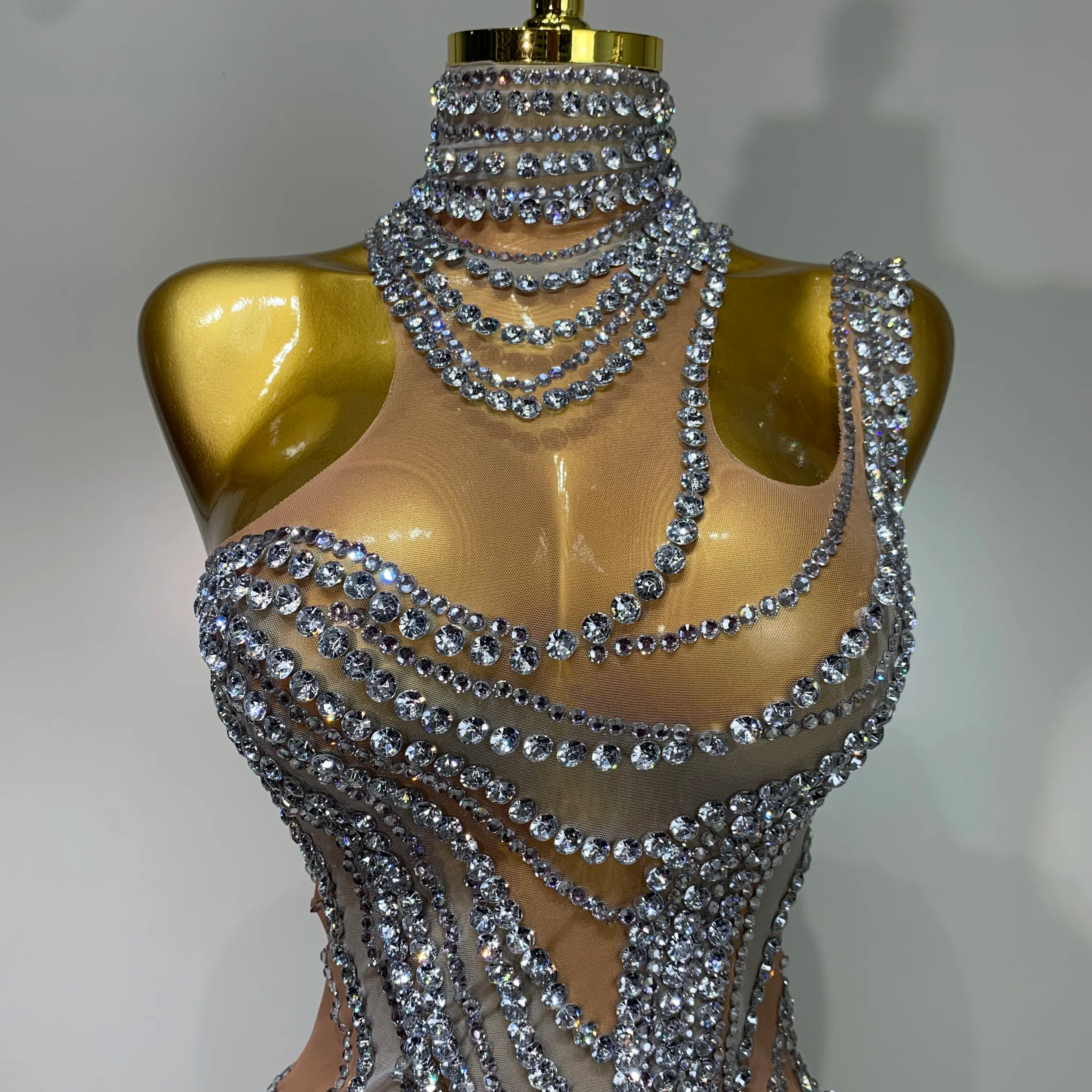 Sparkly Crystals See Through Women Cocktail Dresses Celebrate Birthday Party Gowns Singer Performance Stretch Stage Costume