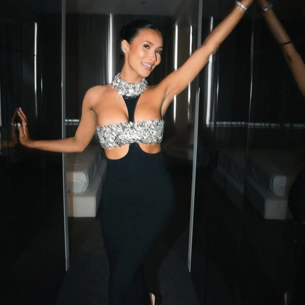 Luxury Shining Diamonds Sexy Hollow Out Halter Sheath Black Ankle Length Dress Party Dress Celebrity Birthday Vestido