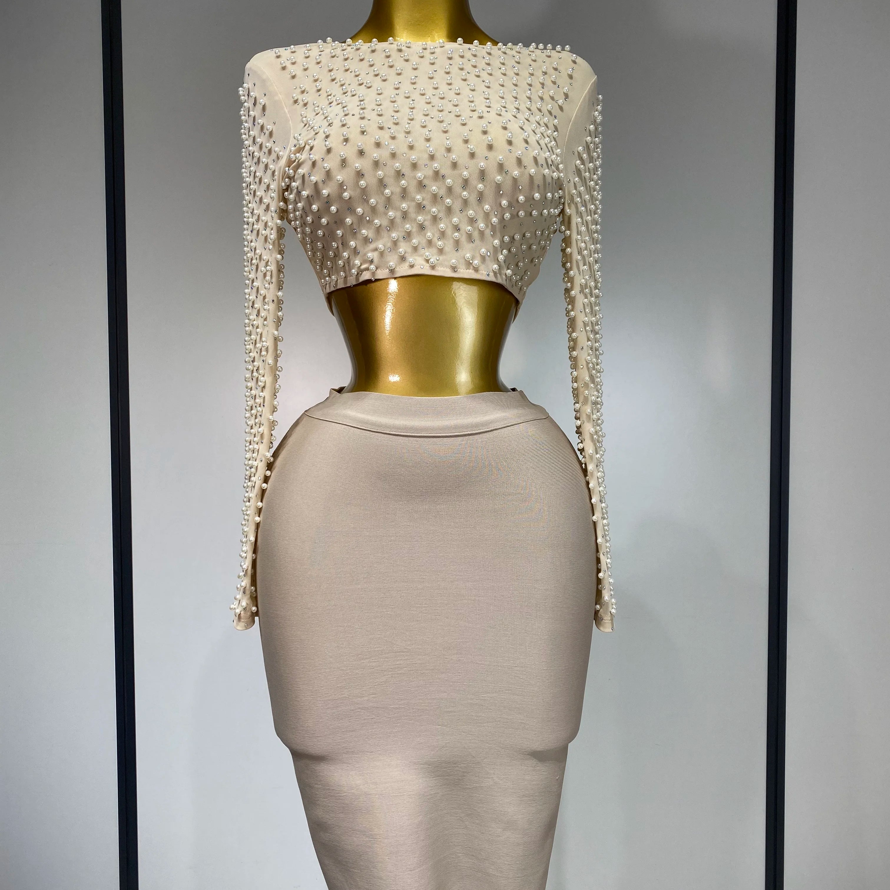 Women Sexy Long Sleeve Mesh Pearl Top Celebrity Midi Women Bandage Set 2025 Designer Evening Party Luxury Birthday Two Piece Set