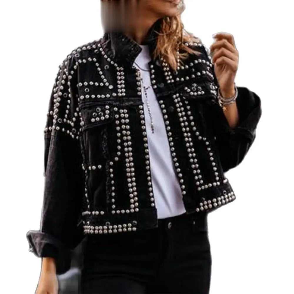 Women Outwear Studded Denim Jacket Spring Autumn Lapel Loose Single Breasted Buckle Casual Short Jeans Coats