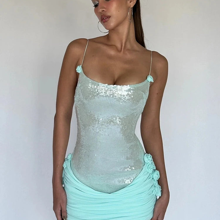 VC Sparkling Sequin Embellished Strappy Mini Dress for a Glitzy Party Night Gown