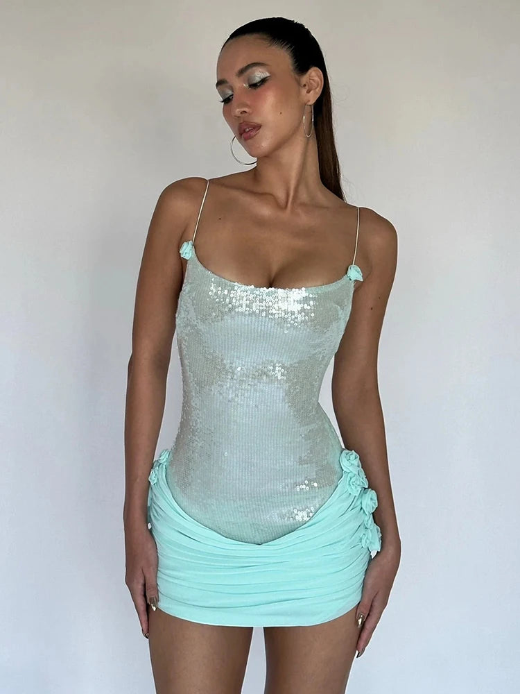 VC Sparkling Sequin Embellished Strappy Mini Dress for a Glitzy Party Night Gown