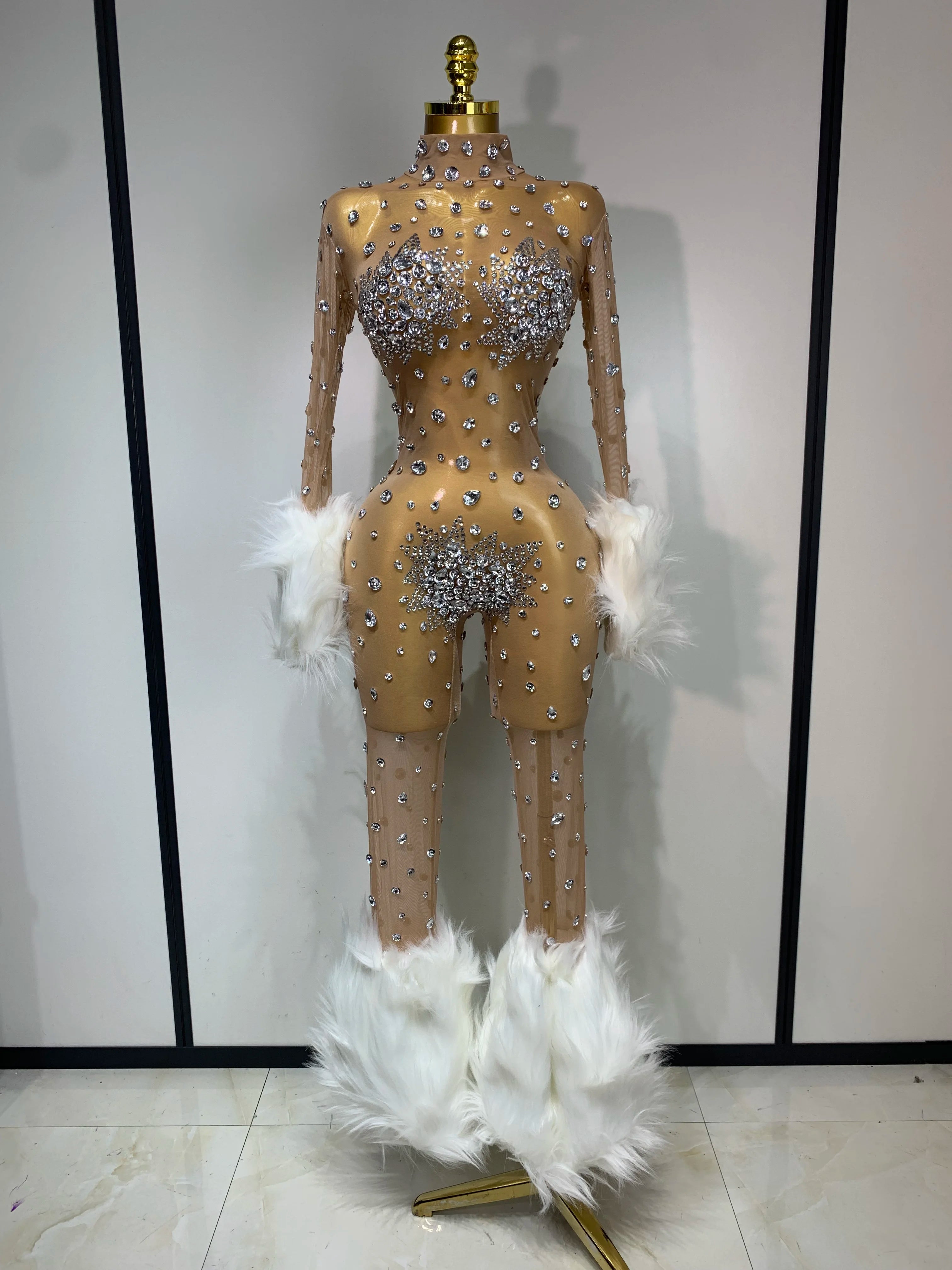 Shiny Diamond Mesh See Through Bodycon Jumpsuit Women Sexy Long Sleeve Performance Singer Costume Nightclub Stage Outfit