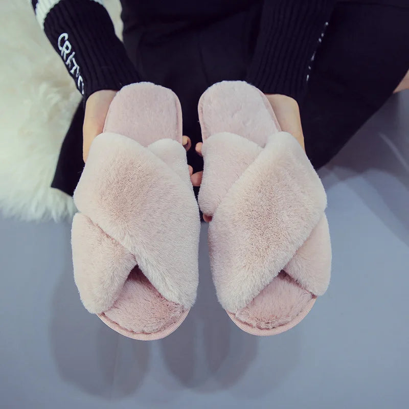 Winter Women Home Indoor Casual Slippers Female Flip Flops Fluffy Shoes Cross Design Slides Ladies Soft Warm Plush Slipper pink
