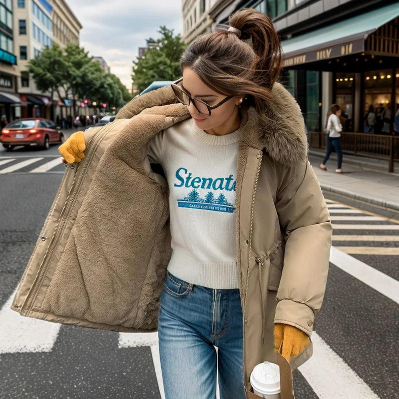 Winter Women's Jacket Female Fur Collar Thicken Warm Cinching Parka Coats Women's 2 Pocket Drawstring Waist Cotton Jacket Khaki