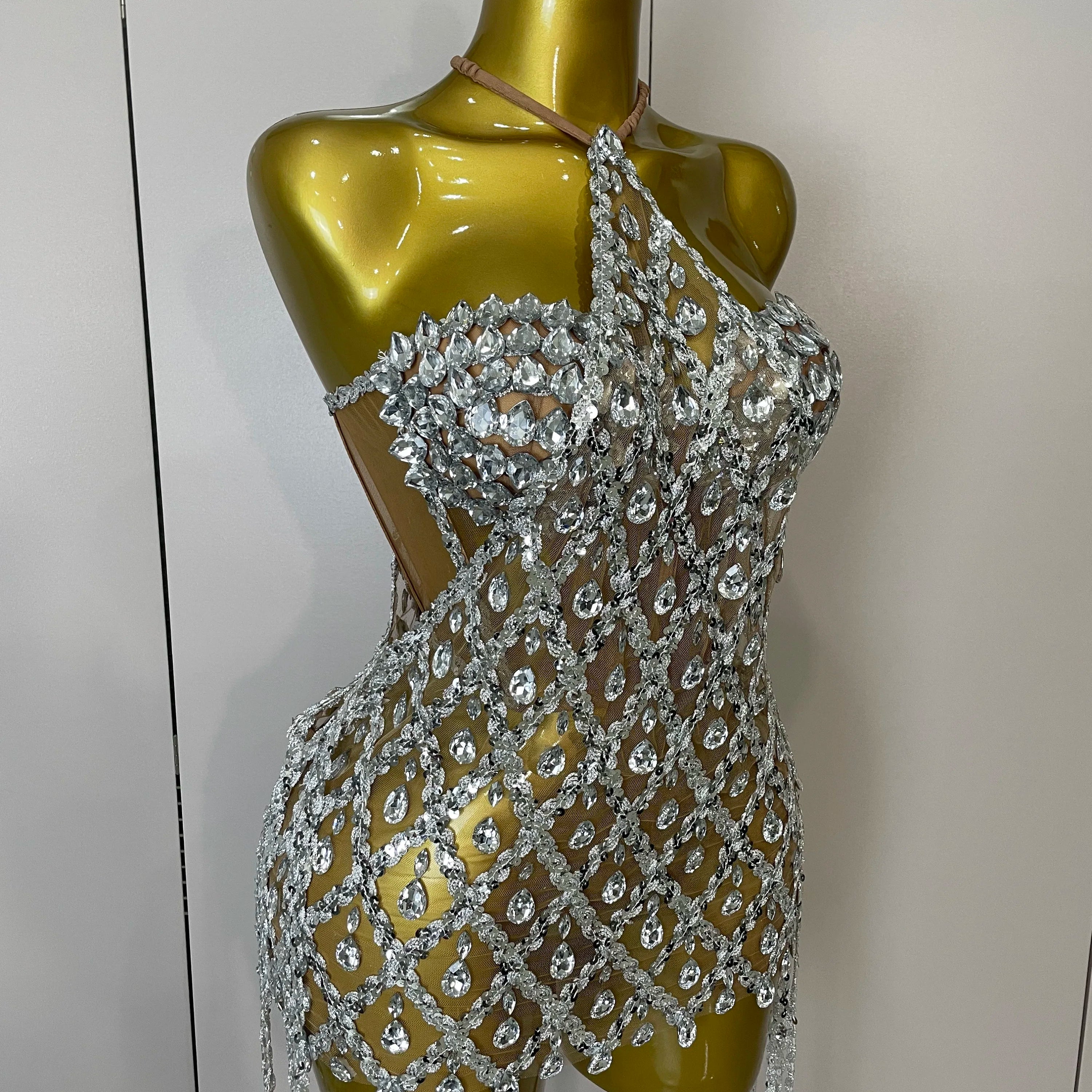 Sparkly Sequin Diamond MeshTransparent Top Dress Two Piece Set Women 2025 Sexy Evening Party Celebrate Birthday Photo Shoot Wear