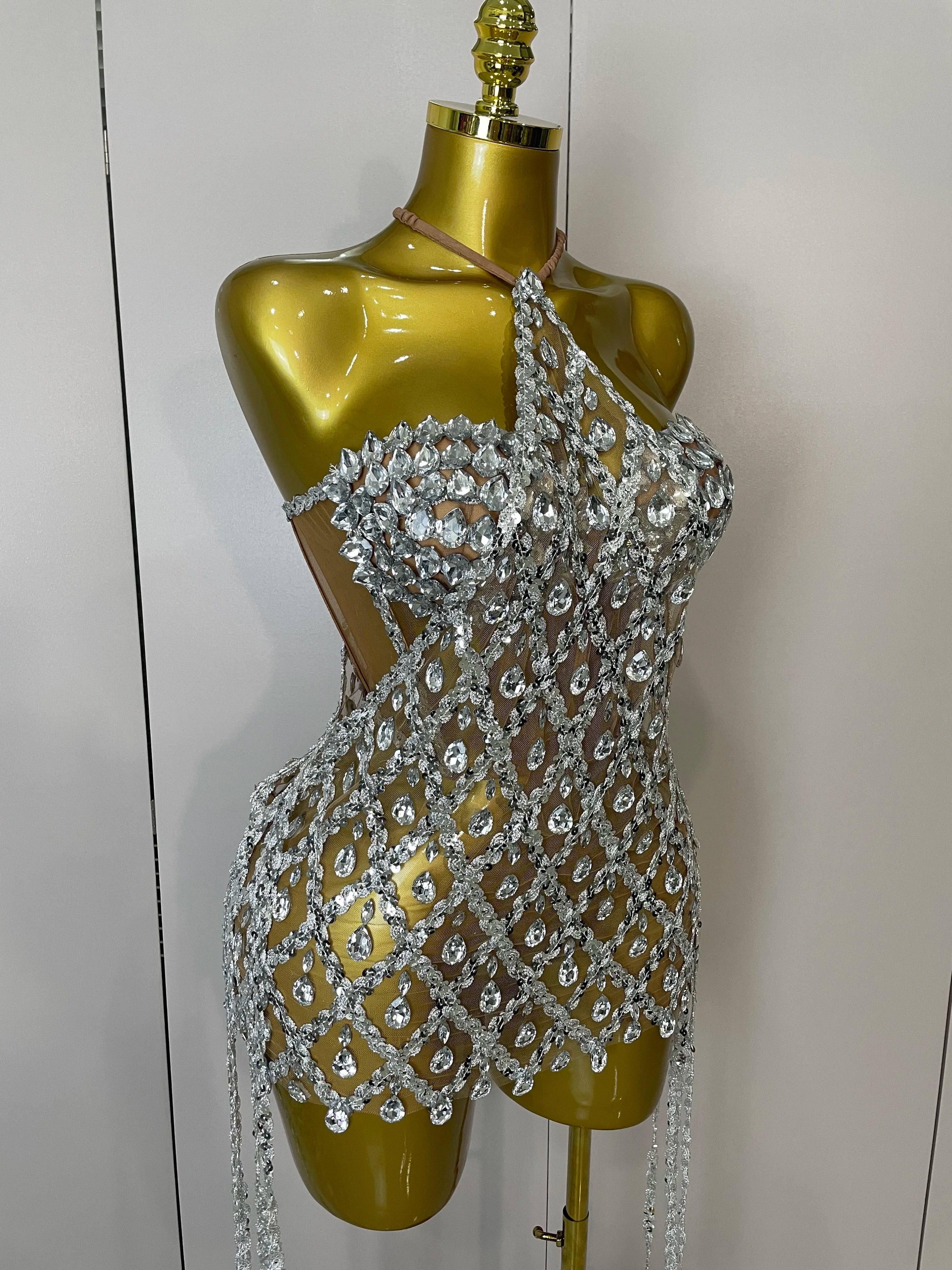 Sparkly Sequin Diamond MeshTransparent Top Dress Two Piece Set Women 2025 Sexy Evening Party Celebrate Birthday Photo Shoot Wear