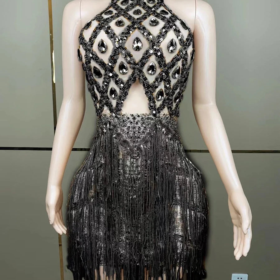 TWOTWINSTYLE Colorblock Slimming Spliced Hollow Out Dresses for Women Round Neck Sleeveless Patchwork Tassels Dress Female New