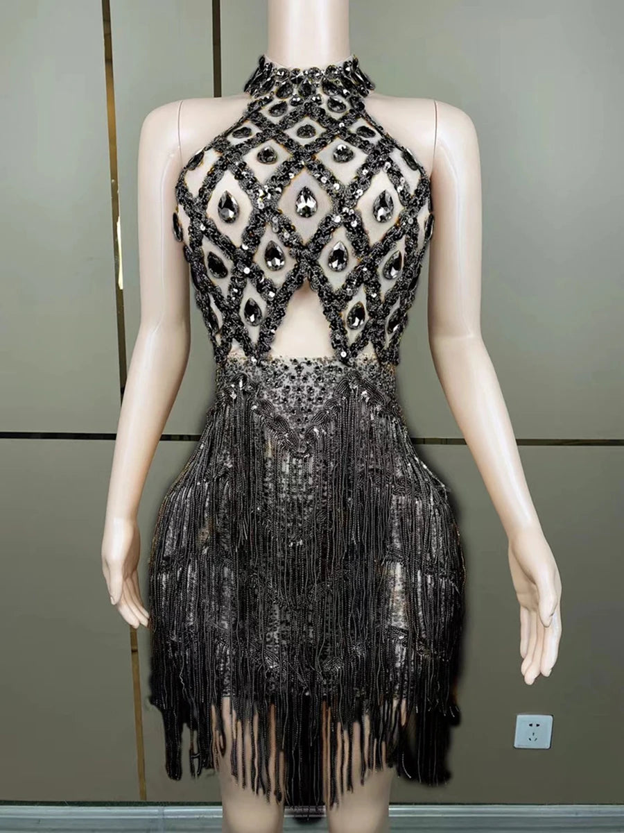 TWOTWINSTYLE Colorblock Slimming Spliced Hollow Out Dresses for Women Round Neck Sleeveless Patchwork Tassels Dress Female New