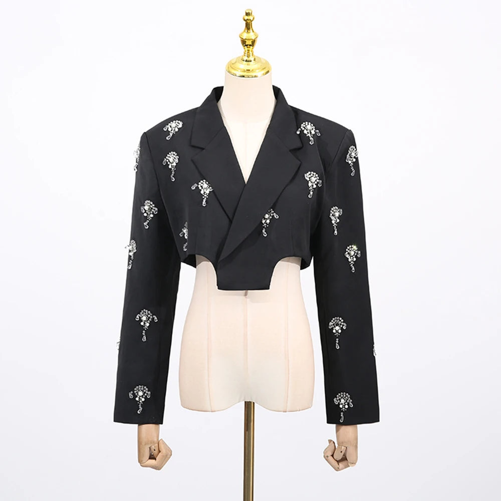 TWOTWINSTYLE Solid Slimming Elegant Jackets for Women Lapel Long Sleeves Patchwork Bead Short Jacket Female Fashion Clothing New