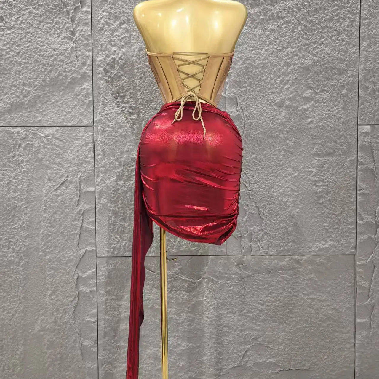 Shinning Red Crystal Women Sexy Strapless 2 Pieces Bodycon Mini Dress Nightclub Party Celebrate Birthday Photo Shoot Wear