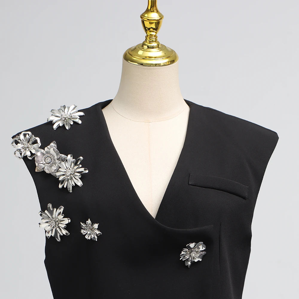 TWOTWINSTYLE Solid Spliced 3D Flower Two Piece Sets for Women V Neck Sleeveless Top High Waist Split Skirt Elegant Set Female