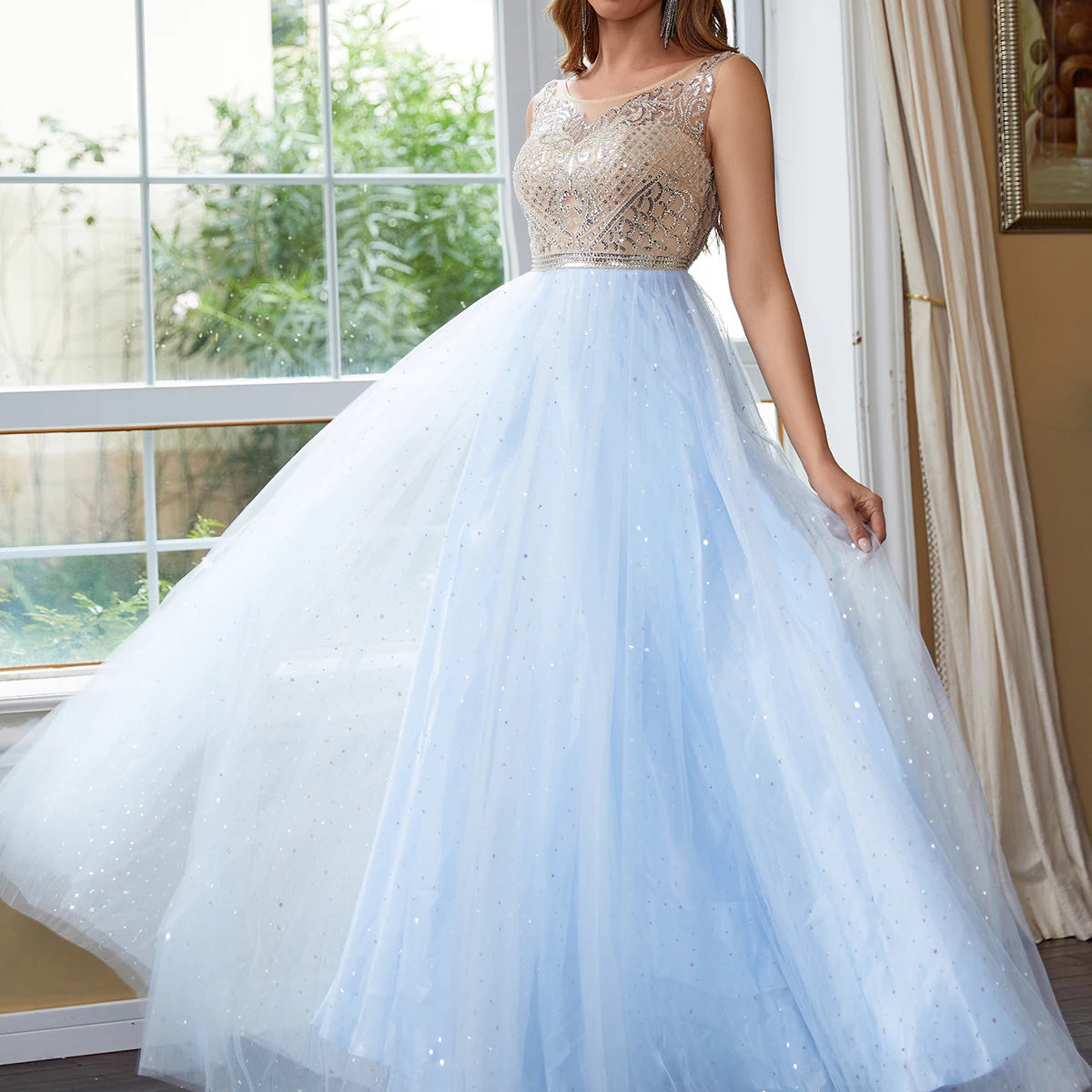 Luxury Hand Beading Crystal Prom Dresses Long Sparkly Start Tulle Ball Gown Homecoming Dresses for Teens Illusion Backless