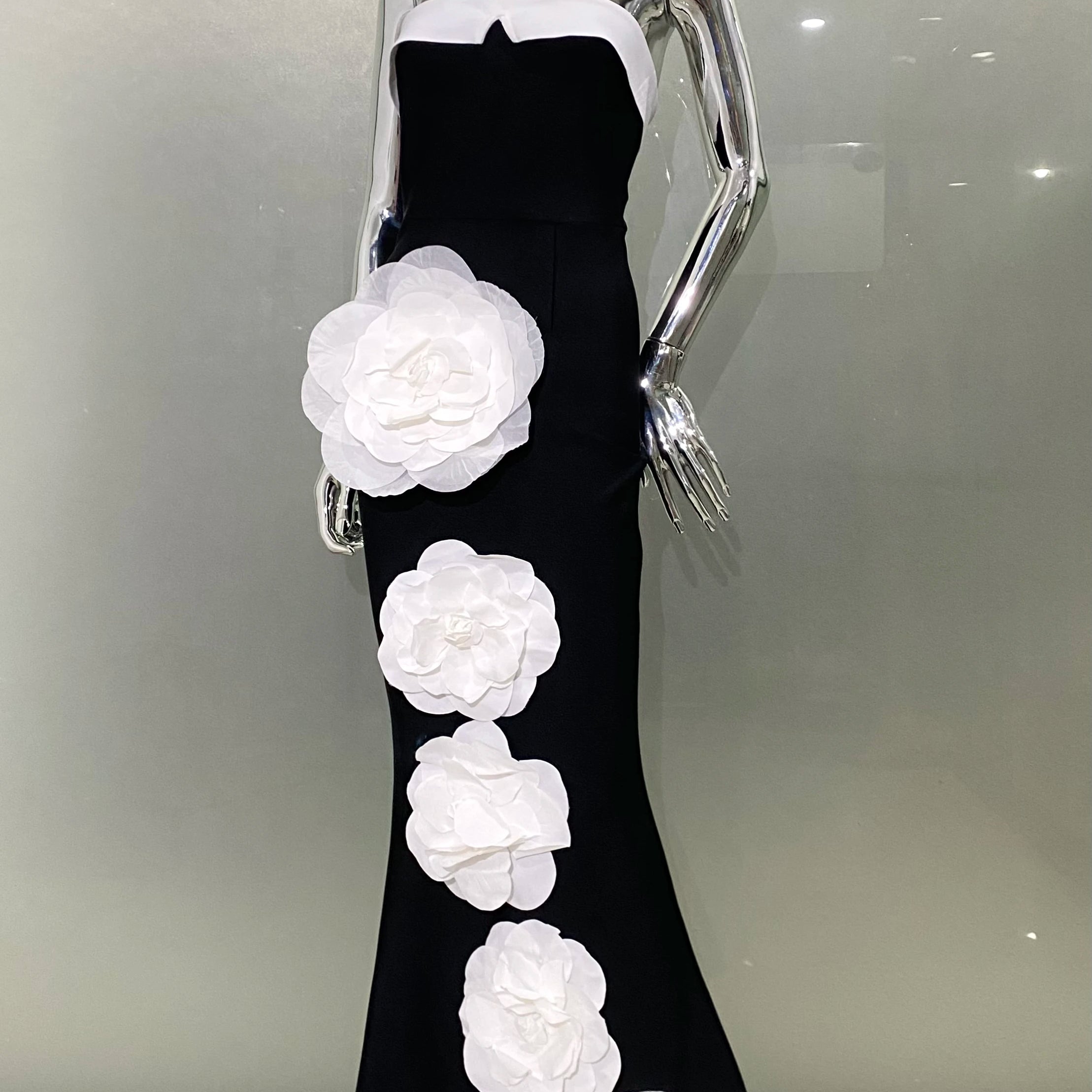 New Arrival Women Sexy Strapless Bodycon Long Bandage Dress White Florals Elegant Evening Party Celebrate Birthday Dress