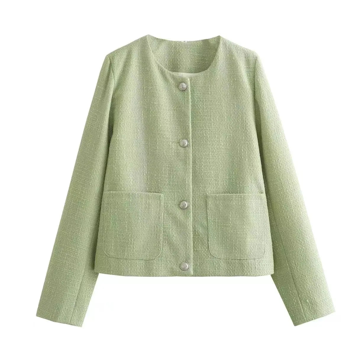 Short Tweed Coat Women Autumn Fashion Elegant O-neck Long Sleeve Botton Frayed Pockets Jackets Female Outwear Office Lady Coats green
