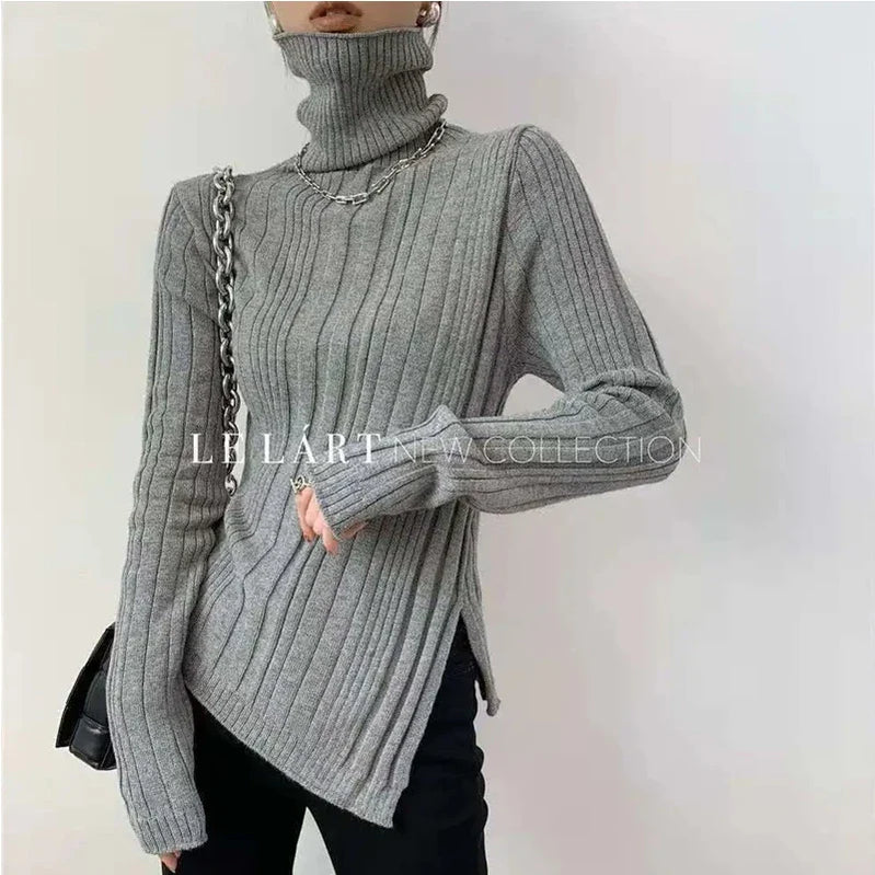 Turtleneck Women Sweater 2021 Autumn Winter New Side Slit Pullover Tops Korean Fashion Knit Sweaters Long Flare Sleeve Basic Grey Turtleneck