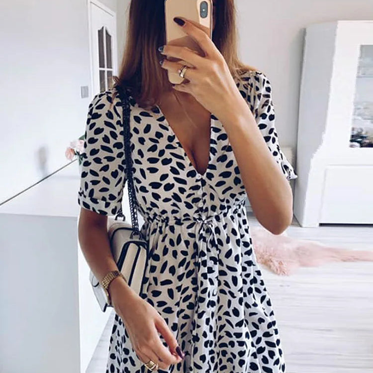 White Sand Spot Mini Summer Dresses Women V Neck Casual Beach Sundress Sexy Botton Wrap Bodycon Dress Female
