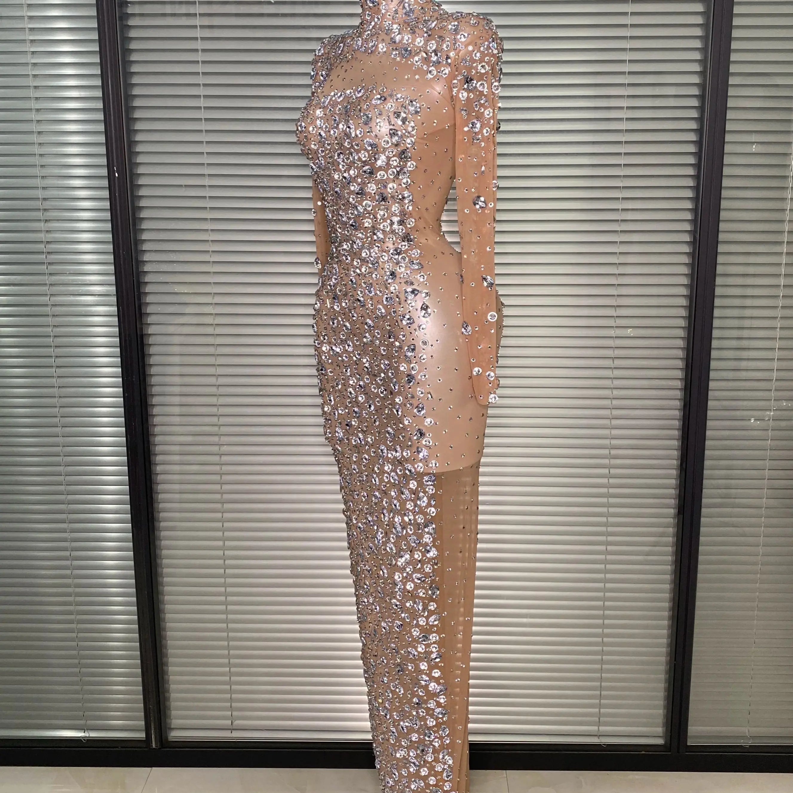 New Women Sexy Long Sleeve See Through Crystal Diamonds Maxi Dress Birthday Party Costume Bar Skin Singer Stage Costume