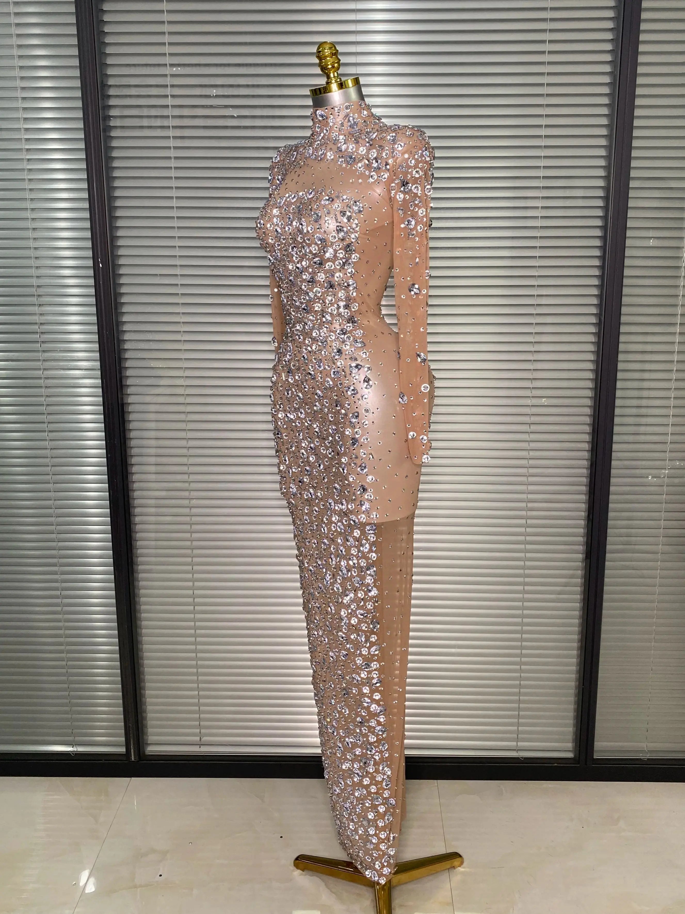 New Women Sexy Long Sleeve See Through Crystal Diamonds Maxi Dress Birthday Party Costume Bar Skin Singer Stage Costume