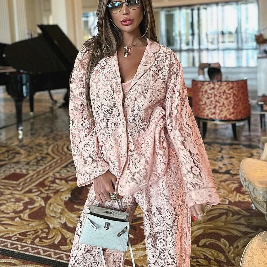 Clacive Sexy Loose Black Lace See Through Trousers Sets Women 2 Pieces Fashion Long Sleeve Shirt With High Waist Wide Pants Set Pink