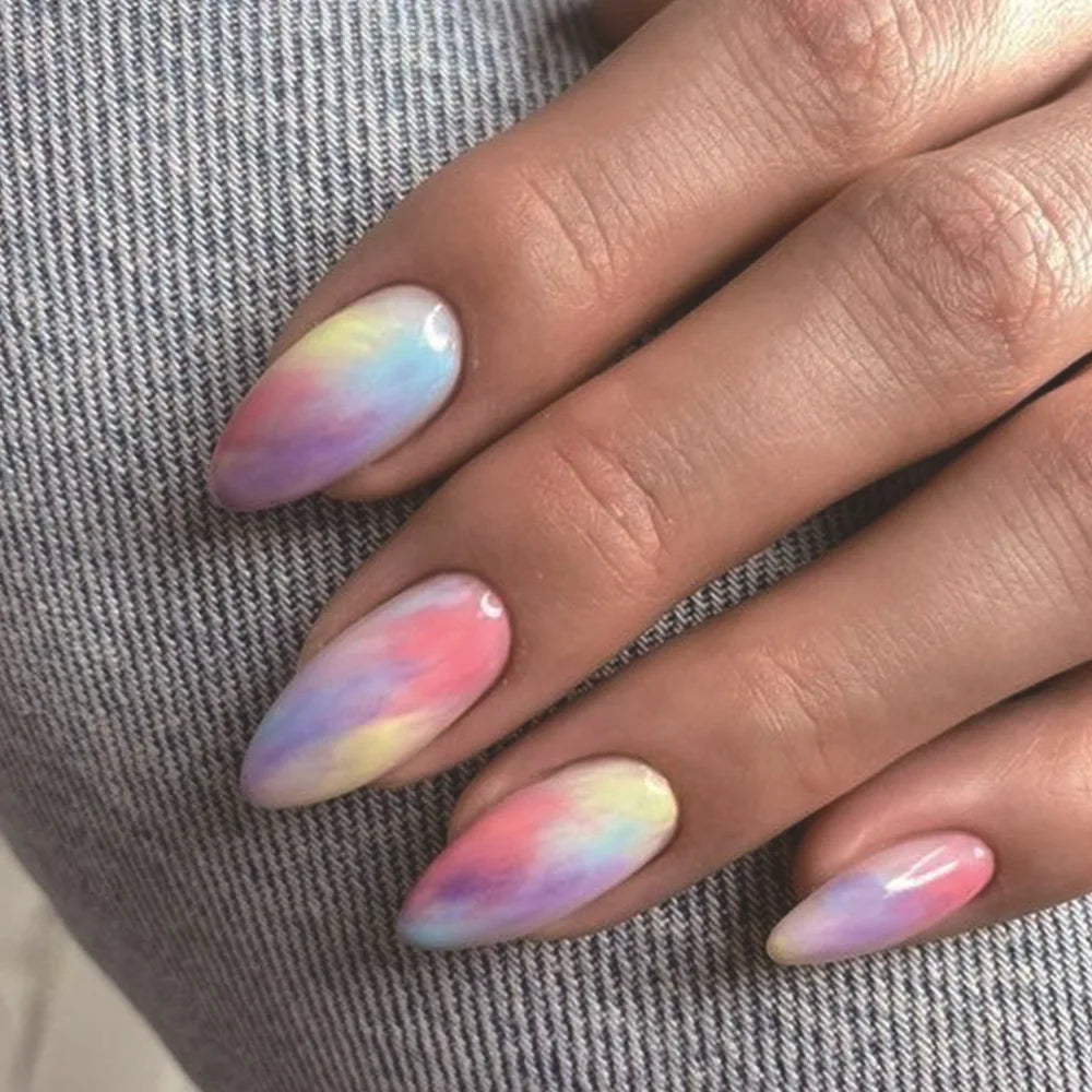 24Pcs Mid-length Almond Full Cover Nails Tips Colorful Star with Design Fake Nails Art Detachable Finished Press on False Nails