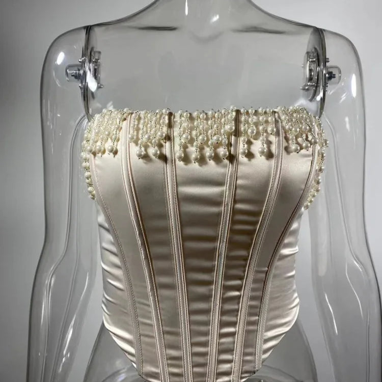 Mozision Pearl Tassel Sexy Crop Tops Women Off-shoulder Backless Skinny Corset Tops Femme Satin Fashion Club Party Tops Mujer Milky White