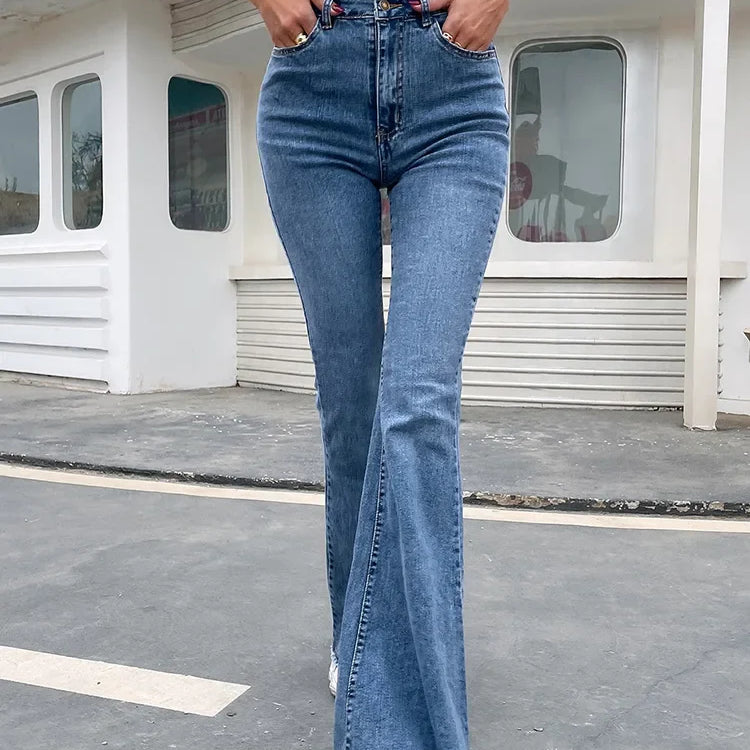 Benuynffy Button Fly Women's Raw Hem Flare Jeans Autumn Fashion Woman Denim Pants Jean Femme High Waist Full Length Slim Jeans