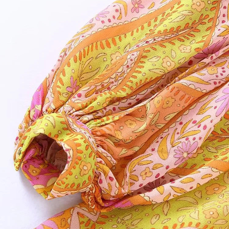 Willshela Women Fashion Printed Hollow Out Back Zipper Mini Dress Vintage V-Neck Long Sleeves Female Chic Lady Dresses