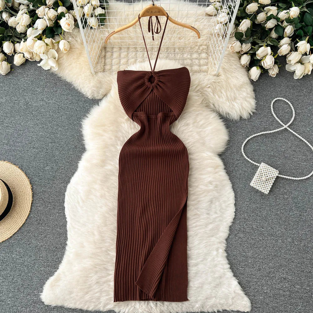 Chic Fashion Sexy Package Hips Split Knitted Summer Dress Women Slim Elastic Bodycon Party Dress Streetwear Outfits Chocolate One Size