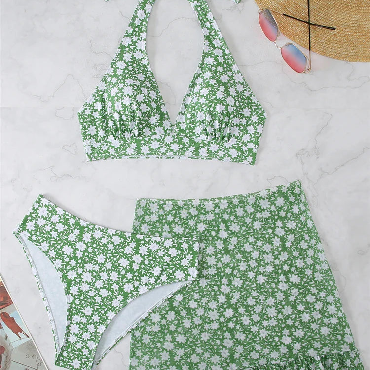 Bikini Women Swimsuit New Print Halter V Neck Bikinis Set Sexy High Waist Swimwear Summer 3 Piece Beach Bathing Suit Female green