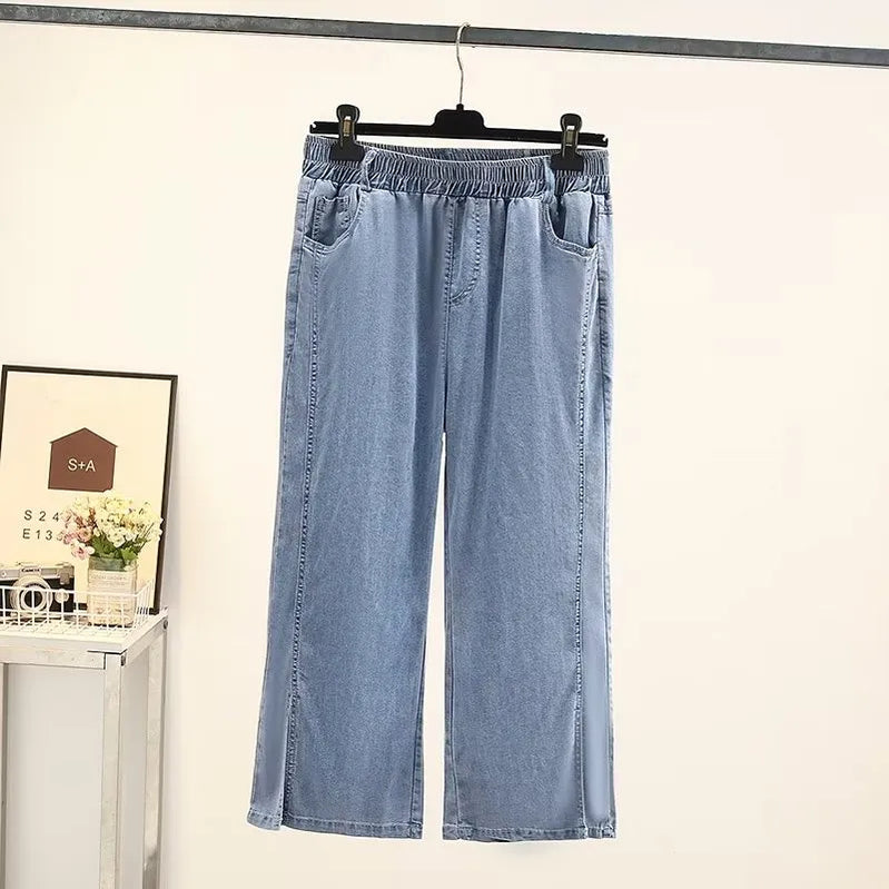 Plus Size Women's Clothing Denim Elasticated Waist Summer Thin Washed Jeans Fatty Wide-Legged Trousers For Obese Ladies Wear blue