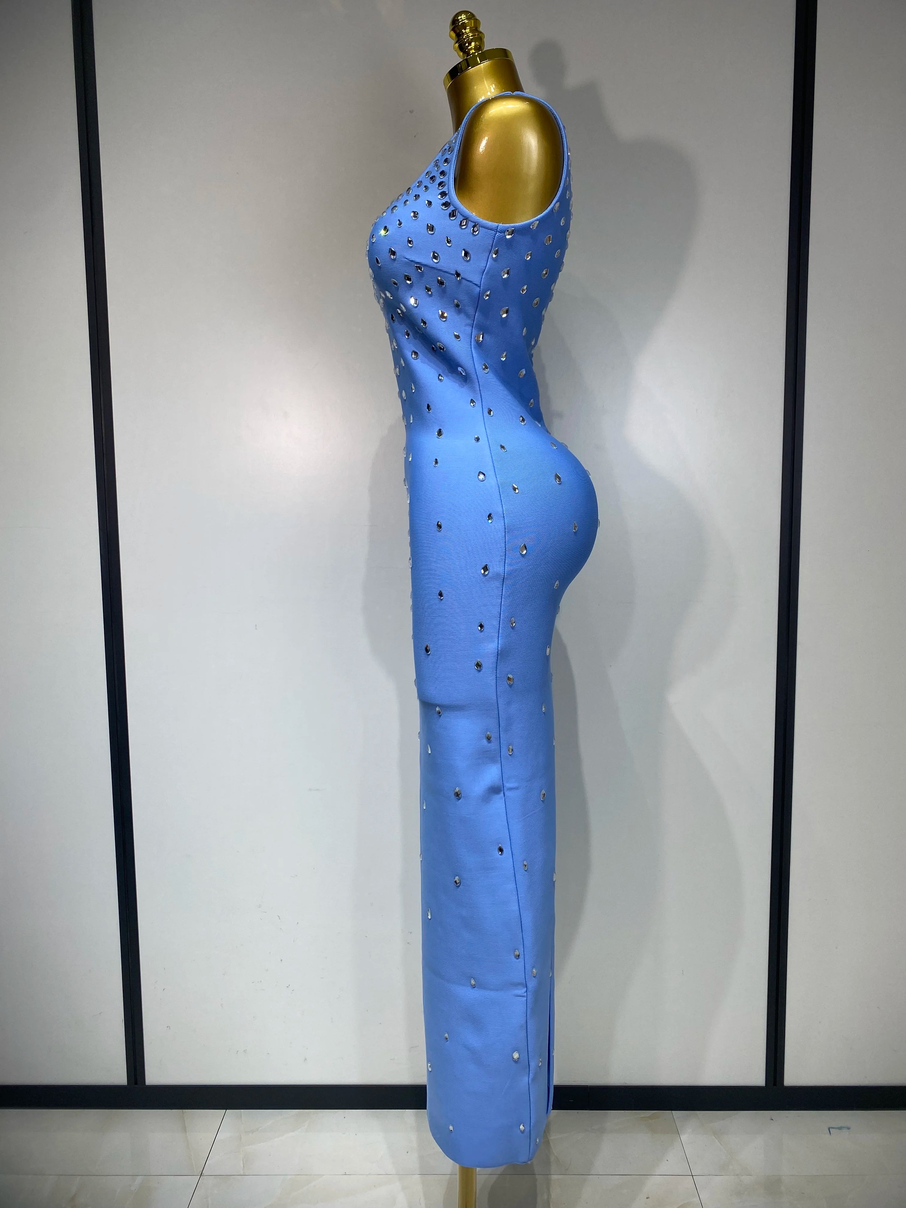 Women Sparkly Rhinestone Bandage Long Dress Elastic Sleeveless Bodycon High Street Evening Club Party Elegant Birthday Gowns