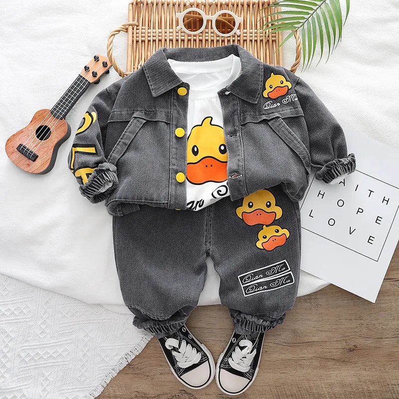 Baby Boy Cotton Clothes Spring Autumn Fashion Cowboy Trousers+Long Sleeve+Coat 3Piece Leisure Sports Stars Denim Clothes Suit AL06 Gray