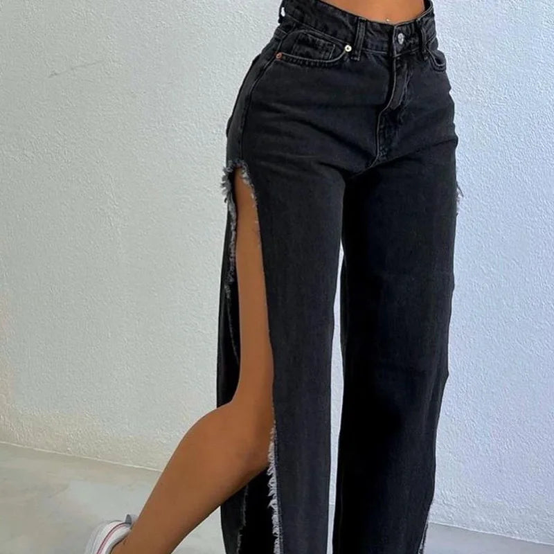 High Waisted Side Split Out Jeans Women Casual Loose Cargo Black Pants Streetwear Autumn Wide Leg Long Baggy Y2k Jeans XY23154SK black