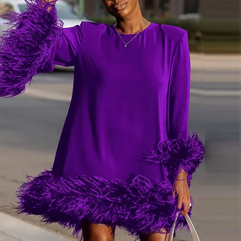 Winter Flare Sleeve Femme Pullover Dress Trendy Sexy Patchwork Feather Women Evening Dress Fall Elegant O-neck A-Line Mini Dress Dark Violet
