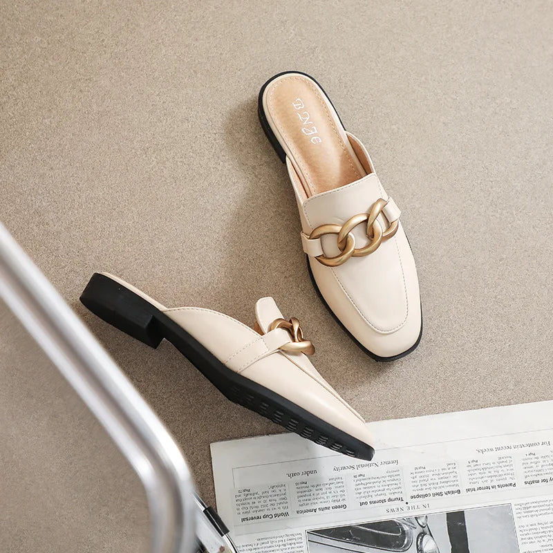 Woman mules fashion design Flat Square Toe Chain Backless Shoes Summer outdoor and indoor office wear White black free delivery