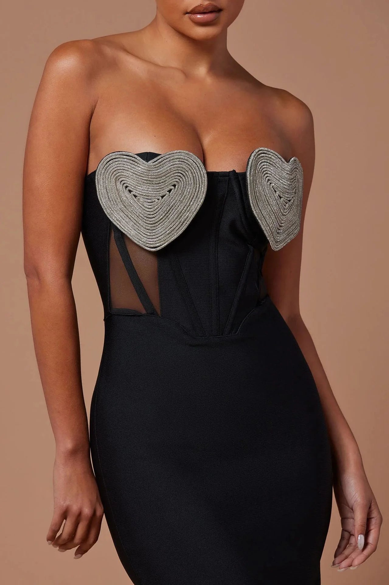 Women Sexy Off the Shoulder Heart Diamond Strapless Bodycon Midi Bandage Dress Nightclub Party Celebrate Outfit