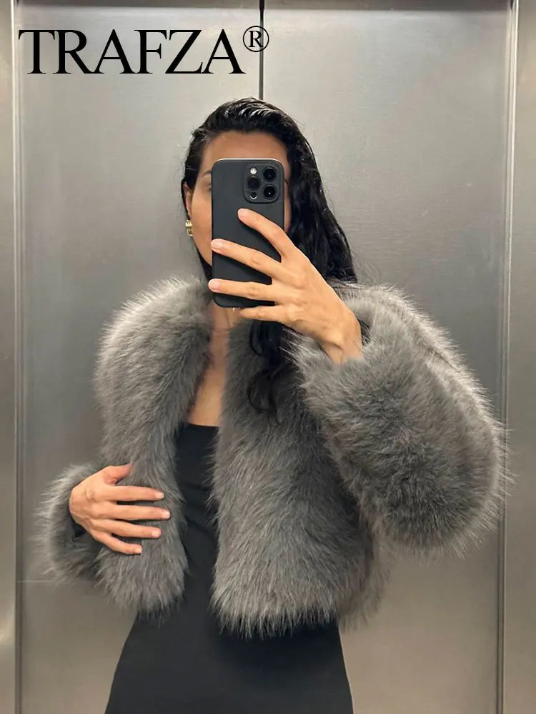 Winter New Fashion Female O-Neck Vintage Long Sleeve Loose Streetwear Top Woman Artificial Fur Effect Jacket Coats