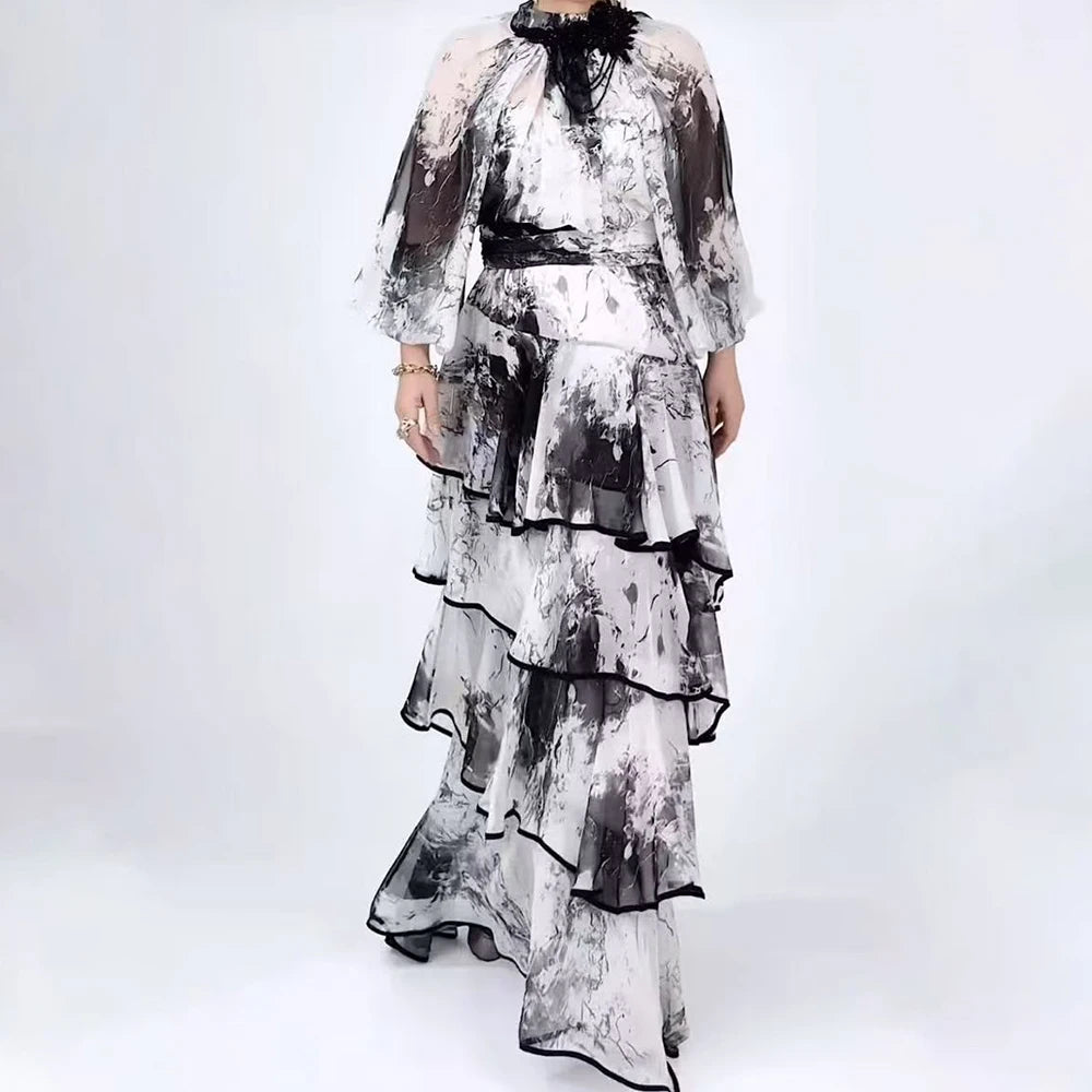 TWOTWINSTYLE Hit Color Sheer Spliced 3D Flower Dresses for Women Round Neck Long Sleeves Patchwork Ruffles Folds Dress Female